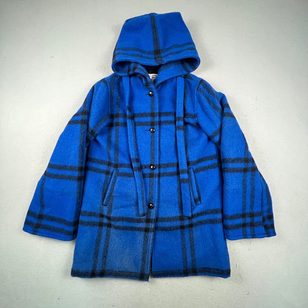 Woolrich Plaid Hooded Coat Womens Medium Blue Wool Blend Vintage Button Front